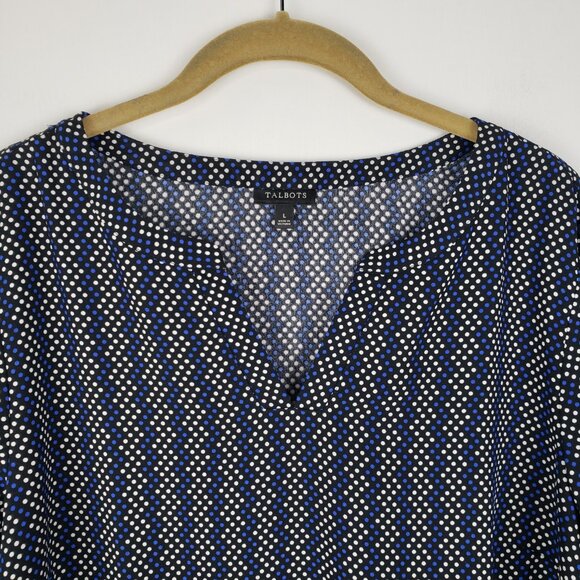 Talbots Split Neck Popover Blouse Black Blue Chevron Dot Stripe Womens Size L - Picture 3 of 6